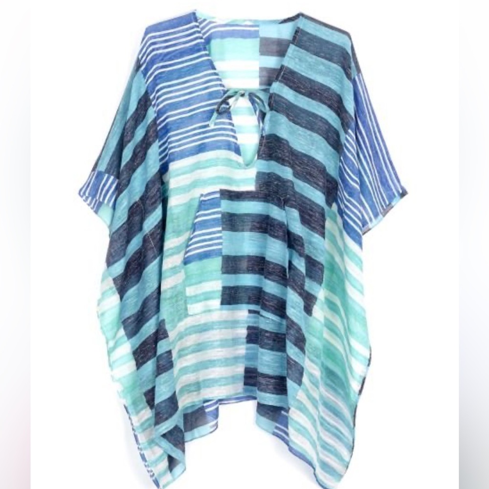 Echo Blue Green Striped Beach Cover Up Kaftan Tunic One sz Boho Vacation Resort